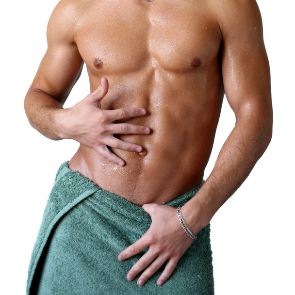 Wet Muscular Torso Wrapped in Towel - Foto, Imagen