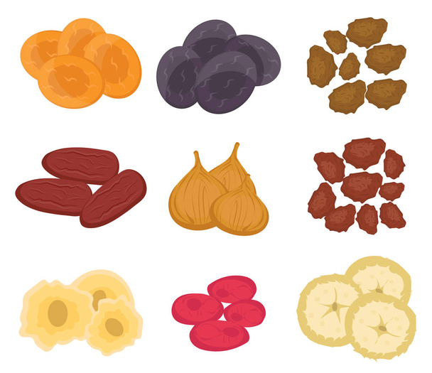 Trockenfrüchte Set, flacher Stil. Rosinen, Aprikosen, Pflaumen isoliert auf weißem Hintergrund. Vektorillustration, Clip Art - Vektor, Bild