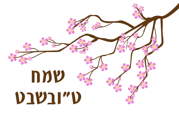Tu Bishvat onnittelukortti, juliste. Juutalainen juhlapäivä, uusi puiden vuosi. Kukkiva puu. Vektoriesimerkki
. - Vektori, kuva