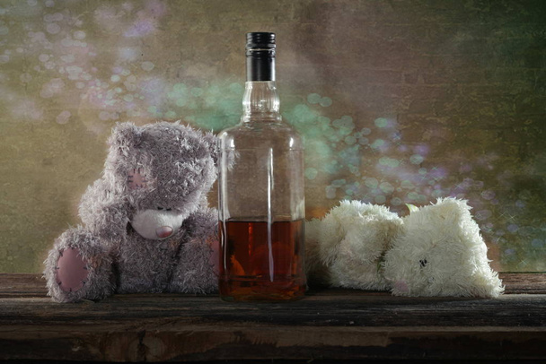 Two Teddy Bears drunk bourbon whiskey 2 - Photo, Image