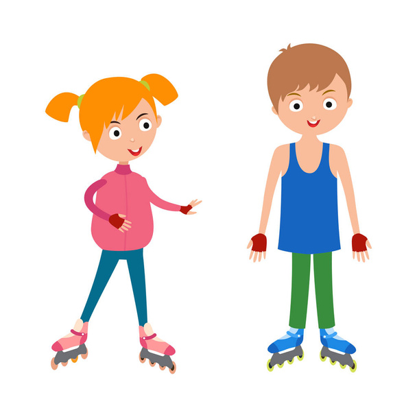 Schattig jong meisje en jongen in roller roze schaatsen vector. - Vector, afbeelding