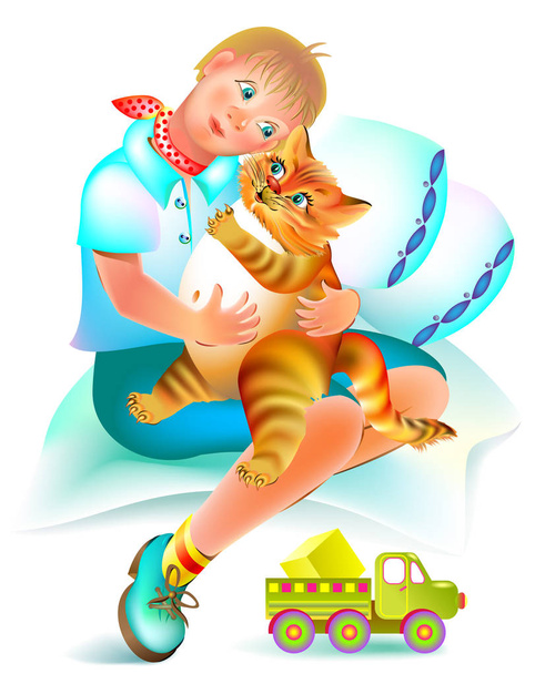 Εικονογράφηση για το παιδικό παραμύθι. Καλό κόκκινο γάτα μεταχειρίζεται το άρρωστο αγόρι. - Διάνυσμα, εικόνα