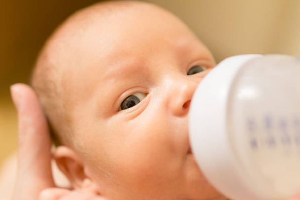 Bebê recém-nascido bonito bebendo leite de uma mamadeira. Foto stock
 - Foto, Imagem