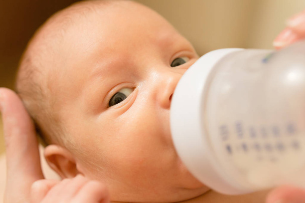 Cute newborn baby drinking milk from a bottle. Stock photo - Fotografie, Obrázek