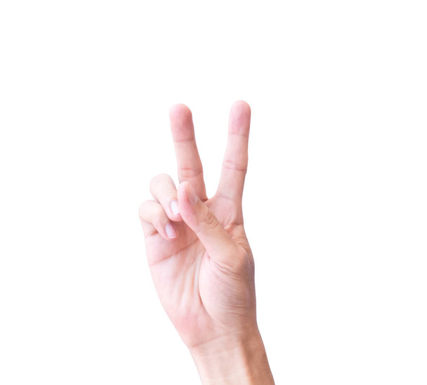 Jeune homme main montrer signe V avec fond blanc
 - Photo, image