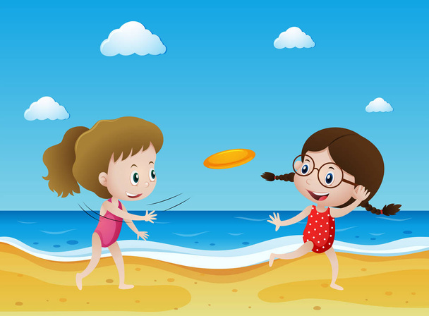 Deux enfants volant frisbee sur la plage
 - Vecteur, image