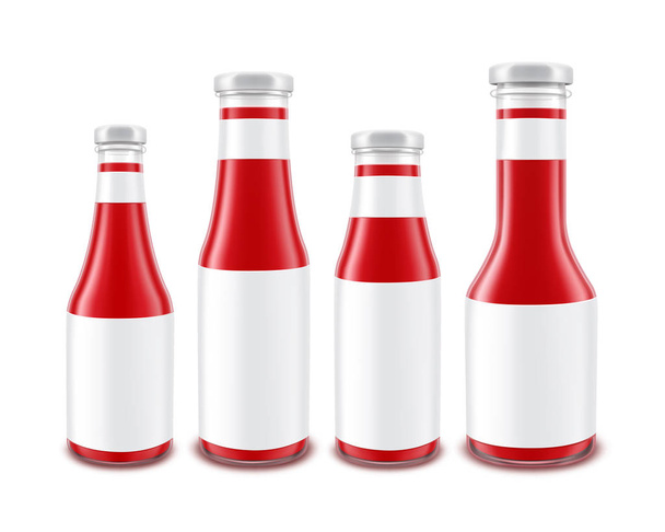 Set of Blank Glass Red Tomato Ketchup Bottles of different Shapes for Branding with White labels Isolated on White Background - Vector, Image
