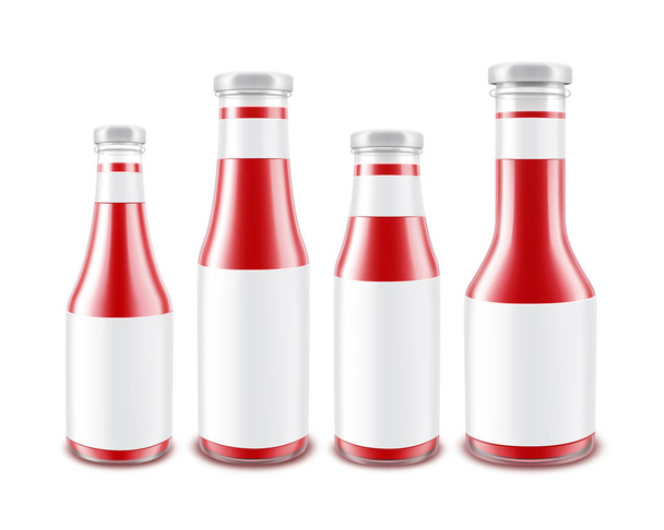 Vector conjunto de botellas de ketchup de tomate rojo brillante de vidrio en blanco de diferentes formas para la marca con etiquetas blancas aisladas sobre fondo blanco
 - Vector, Imagen