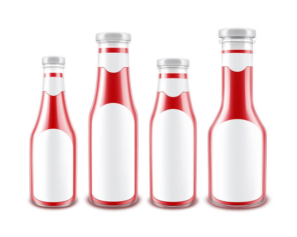Vector conjunto de botellas de ketchup de tomate rojo brillante de vidrio en blanco de diferentes formas para la marca con etiquetas blancas aisladas sobre fondo blanco
 - Vector, Imagen