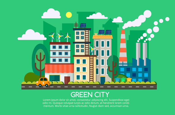 Vektorillustration grüne Energie, städtische Landschaft, Ökologie. kann für Workflow-Layout, Banner, Diagramm, Webdesign, Zeitachse, Infotafel, Statistik-Broschüre-Vorlage verwendet werden - Vektor, Bild