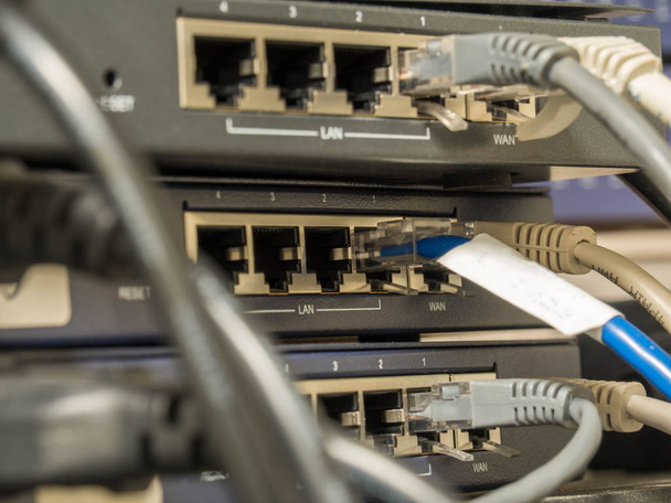 データ センター室のネットワーク ギガビット スイッチに Rj45 プラグが接続されて。ライト、リンク、インターネット、ウェブ、サーバー、パッチ コード. - 写真・画像