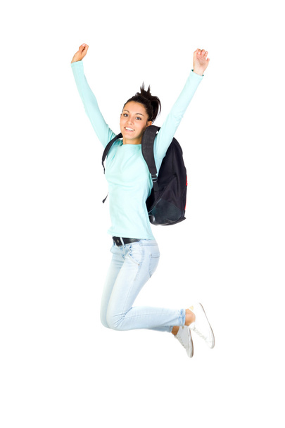 Young Girl Jumping with a Bagpack - Fotó, kép