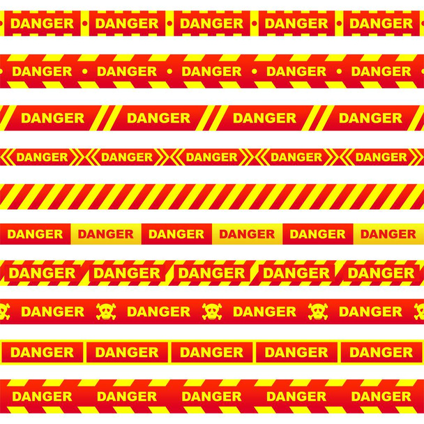 Set of red ribbons with yellow lettering danger skull and stripes indicating dangerous place on a white background. Safety police warning tapes  - Vector, Image