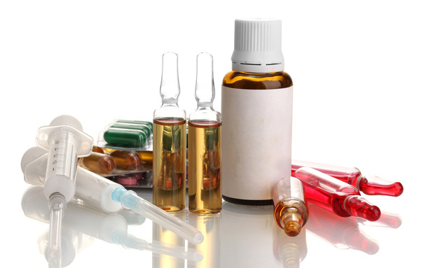 medical ampules, bottle, pills and syringes, isolated on white - Photo, image