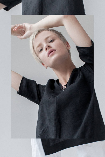 Stylish girl with blond short haircut in minimalist clothes. - Fotoğraf, Görsel