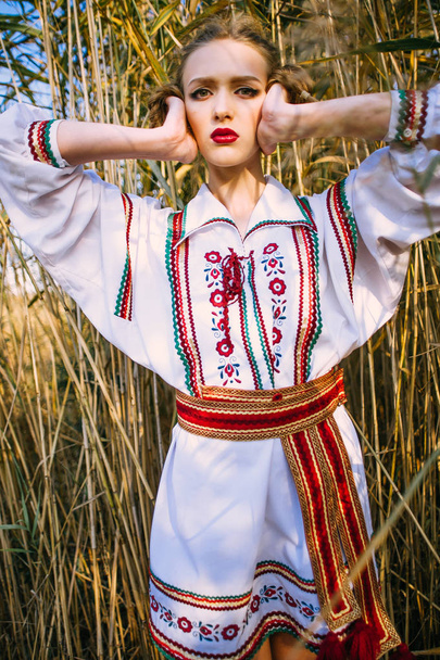 Mladá dívka na letní pole v národních Bělorusko oblečení, PFI - Fotografie, Obrázek