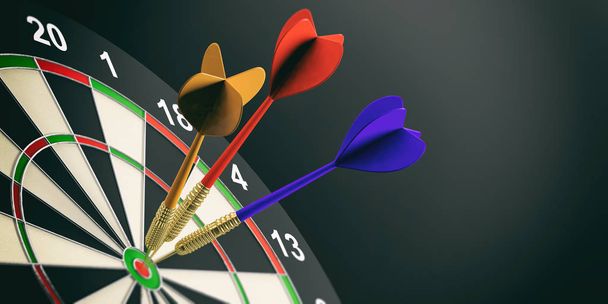 3D-Darstellung Darts auf Ziel auf schwarzem Hintergrund - Foto, Bild