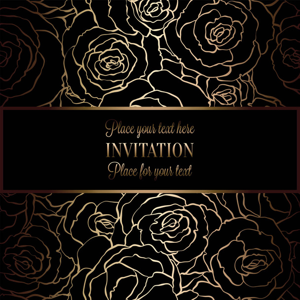 abstrakter Hintergrund mit Rosen, luxuriöser schwarzer und goldener Vintage-Rahmen, viktorianisches Banner, Damast-Tapeten-Ornamente, Einladungskarte, Barock-Booklet, Modemuster, Design-Vorlage - Vektor, Bild