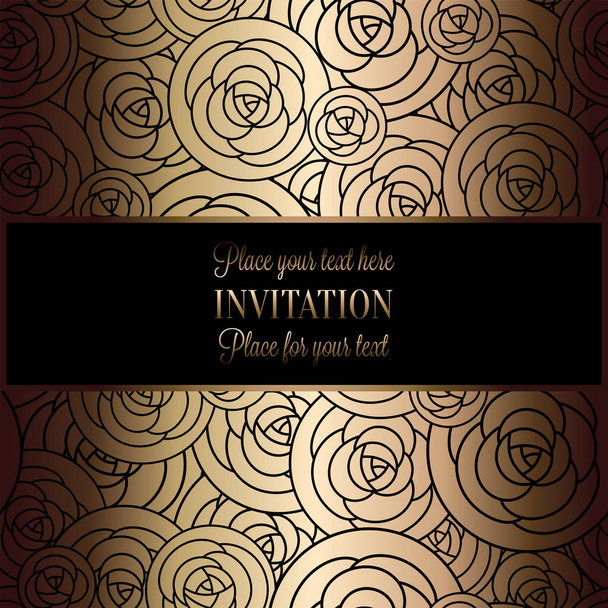 abstrakter Hintergrund mit Rosen, luxuriöser schwarzer und goldener Vintage-Rahmen, viktorianisches Banner, Damast-Tapeten-Ornamente, Einladungskarte, Barock-Booklet, Modemuster, Design-Vorlage - Vektor, Bild