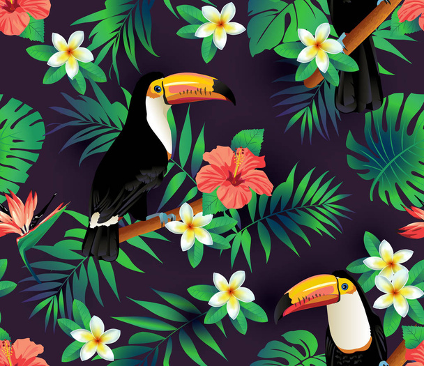 Tropical birds and palm leaves seamless background. Vector.  - Vetor, Imagem
