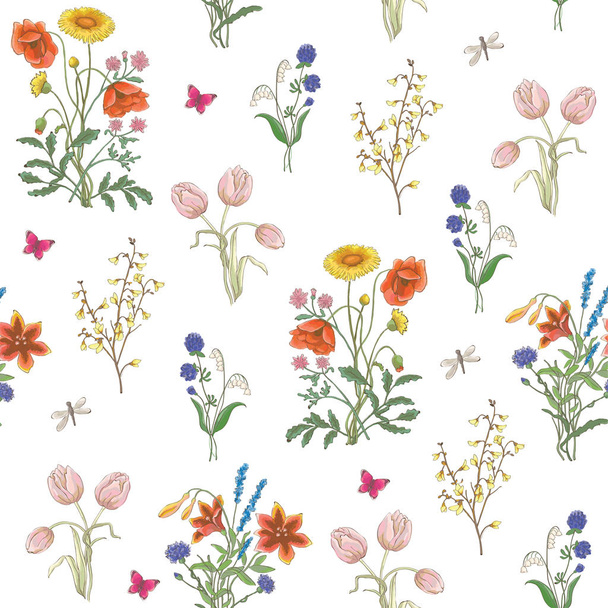 Tulip, dandelion, cornflower, delicate flower, vector pattern. wildflowers, poppy, chamomile, background  - Vektor, Bild