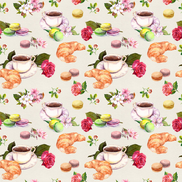 Tea, coffee pattern - flowers, croissant, teacup, macaroon cakes. Watercolor. Seamless - Foto, immagini