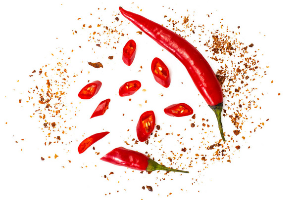 Chili, red pepper flakes, corns and chili powder - Φωτογραφία, εικόνα