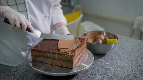 The woman at a leisure in kitchen cooks chocolate cake. The girl in gloves and a white form has prepared layers for cake and covers cake layers by means of the pallet. - Imágenes, Vídeo