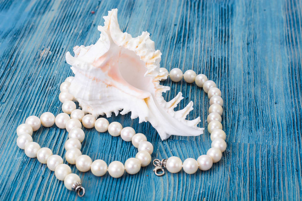 Pearl necklace on a blue background - Photo, Image
