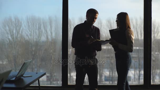 Businesspeople silhouettes standing against panoramic office window - Video