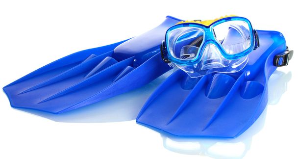 blue flippers and mask isolated on white - Foto, afbeelding