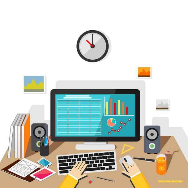 Working on desktop. Business sales monitoring. - Vector, imagen