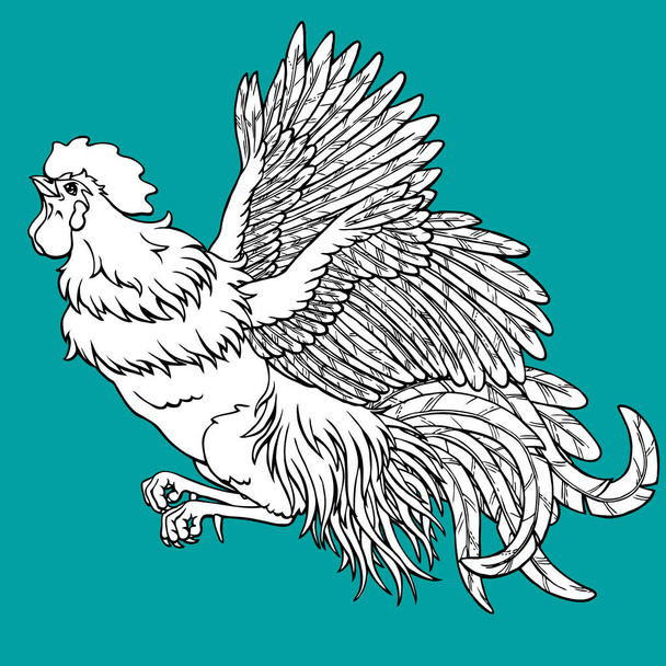 Flying rooster coloring on blue - Vector, Image