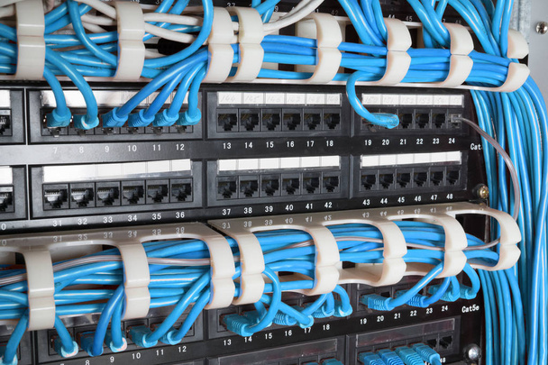 rack serveur avec câbles bleus
 - Photo, image