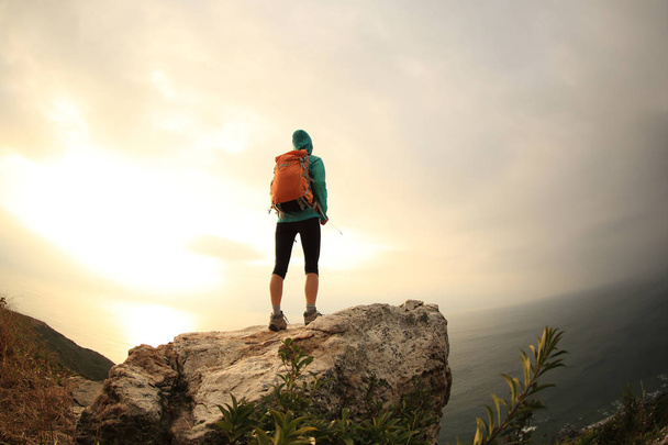 Wanderer steht auf Berggipfel  - Foto, Bild