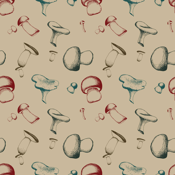 Hand drawn seamless pattern with mushrooms. - Vetor, Imagem