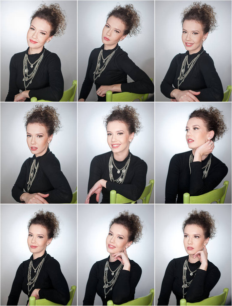 Portrait of a stunning fashionable model sitting in a green chair, studio shot. Close up portrait of young beautiful woman with curly hair. Attractive woman with black turtle neck blouse isolated on grey background - Photo, Image