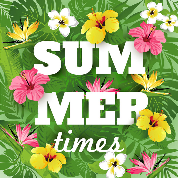 Advertising emblem with type design and tropical flowers and plants. Tropical paradise. Summer.  - Vector, Image