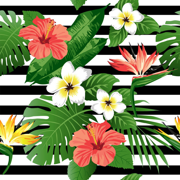 Tropical flowers and leaves on yellow background. Seamless. Vector.  - Вектор, зображення