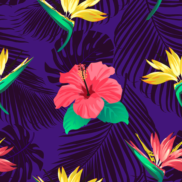 Tropical flowers and palm leaves on background. Seamless. Vector pattern.  - Вектор,изображение