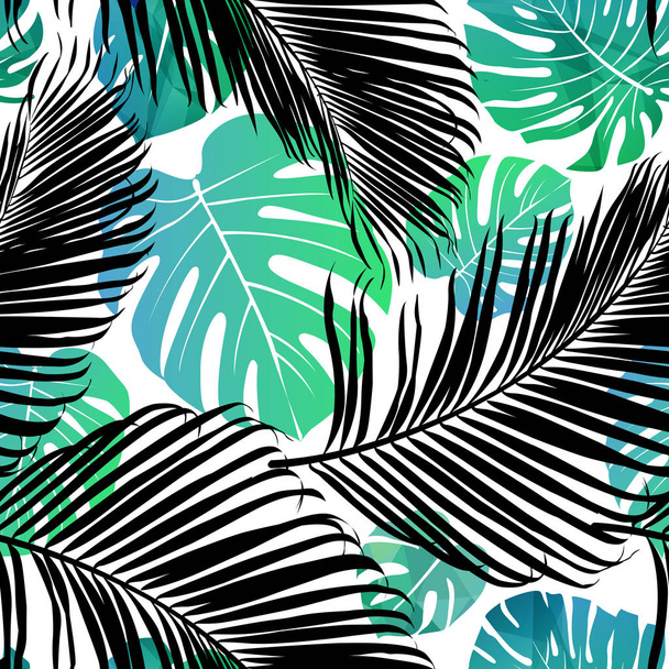 Seamless repeating pattern with silhouettes of palm tree leaves in black on white background.  - Vector, Image