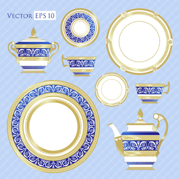 Fine China - Set of porcelain. Services. Teapots, cups, sugar bowls, saucers and plates.  - Vector, Image