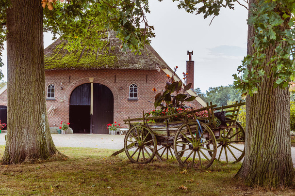 Old farmhouse and wooden  chariot flowerbed - Photo, Image