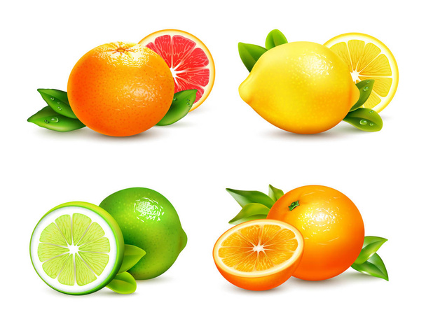  Citrus Fruits  4 Realistic Icons Set  - Vector, Imagen