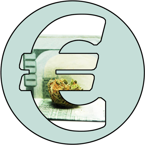Marihuana-Geld, Cannabiskraut und Topfknospen im Euro-Symbol - Foto, Bild
