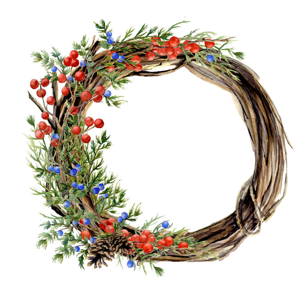 水彩の手描きの冬の枝の花輪。赤と青の冬の果実、ジュニパーと木製の花輪。デザインと背景の自然のイラスト - 写真・画像
