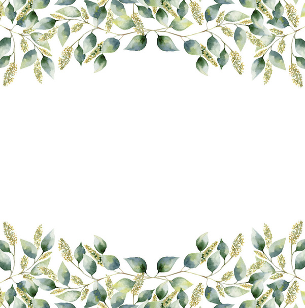 Kartu akvarel zelený květinový rámeček s peckami eucalyptus listy. Ručně malované hranice s větvemi a listy eukalyptu izolované na bílém pozadí. Pro konstrukci nebo pozadí - Fotografie, Obrázek