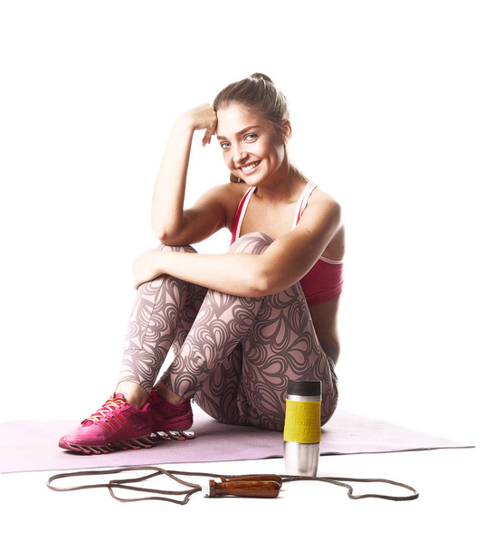 Fitness girl white isolated background - Foto, afbeelding