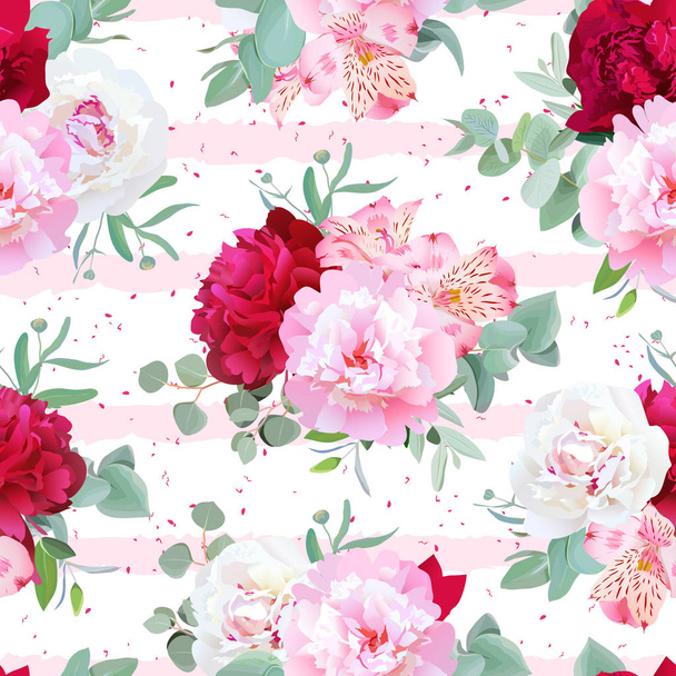 Striped pink floral seamless vector print with peony, alstroemer - Wektor, obraz