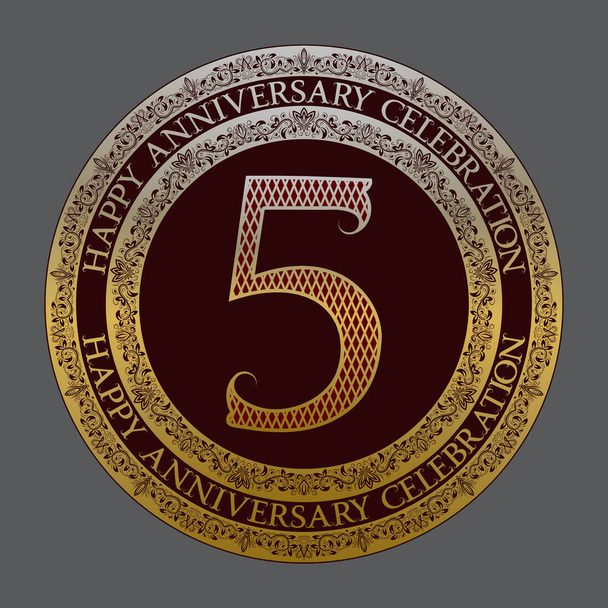 Символ логотипа празднования пятой годовщины. Эмблема золотого бордового цвета в винтажном стиле
. - Вектор,изображение